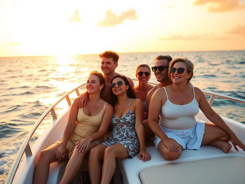 Grupo aproveitando passeio de barco ao pôr do sol